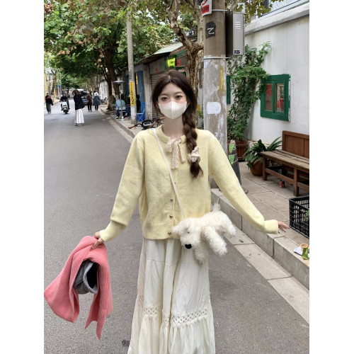 PPHOME甜美蝴蝶結長袖針織開衫毛衣女秋冬白色半身長裙溫柔風套裝 PPHOME甜美蝴蝶結長袖針織開衫毛衣女秋冬白色半身長裙溫柔風套裝