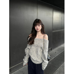 灰色露肩韓系套頭毛衣女秋慵懶風寬松休閒顯瘦氣質小個子長袖上衣
