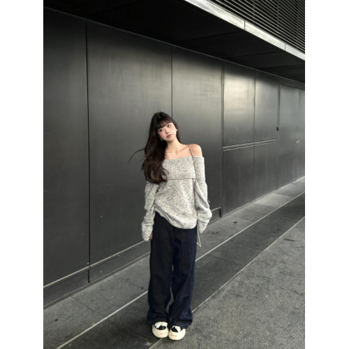 灰色露肩韓系套頭毛衣女秋慵懶風寬松休閒顯瘦氣質小個子長袖上衣 灰色露肩韓系套頭毛衣女秋慵懶風寬松休閒顯瘦氣質小個子長袖上衣