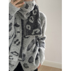 慵懶風豹紋開衫毛衣女含圍巾秋冬新款百搭保暖時尚百搭針織上衣