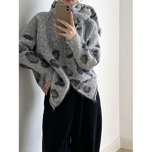 慵懶風豹紋開衫毛衣女含圍巾秋冬新款百搭保暖時尚百搭針織上衣 慵懶風豹紋開衫毛衣女含圍巾秋冬新款百搭保暖時尚百搭針織上衣