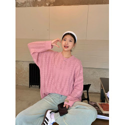 林大笑粉色寬松慵懶風套頭大碼胖MM微胖2025新款長袖針織衫毛衣女