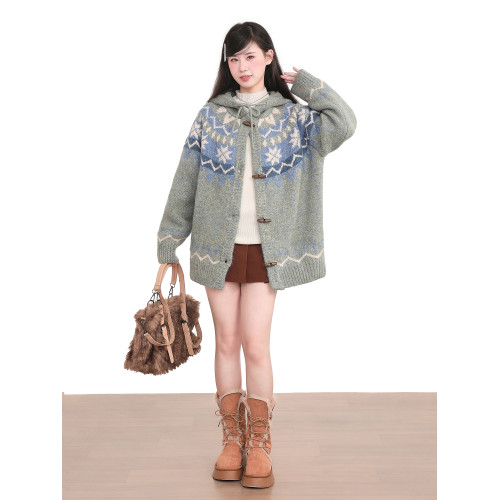 灰色費爾島牛角釦連帽針織毛衣外套女秋冬慵懶風加厚開衫上衣冬季