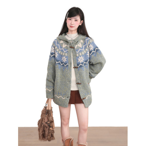 灰色費爾島牛角釦連帽針織毛衣外套女秋冬慵懶風加厚開衫上衣冬季