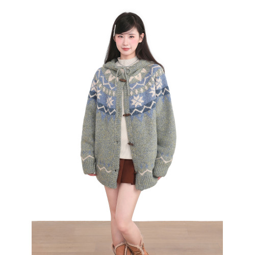 灰色費爾島牛角釦連帽針織毛衣外套女秋冬慵懶風加厚開衫上衣冬季