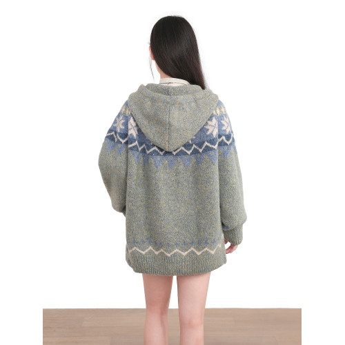 灰色費爾島牛角釦連帽針織毛衣外套女秋冬慵懶風加厚開衫上衣冬季