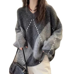 慵懶高級感灰色菱格毛衣女秋冬大碼胖mm寬松軟糯針織衫超好看上衣