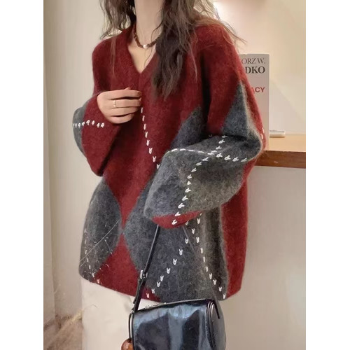 慵懶高級感灰色菱格毛衣女秋冬大碼胖mm寬松軟糯針織衫超好看上衣