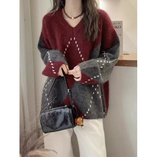 慵懶高級感灰色菱格毛衣女秋冬大碼胖mm寬松軟糯針織衫超好看上衣