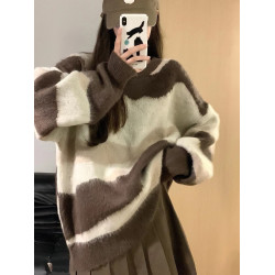 慵懶風軟糯復古針織條紋毛衣女寬松2024春秋厚新款設計感小衆上衣