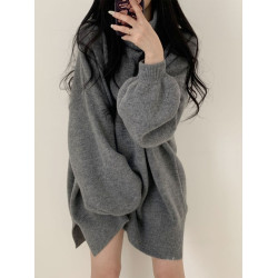 慵懶軟糯黑色高領針織衫毛衣女冬大碼胖mm寬松顯瘦中長款開叉上衣