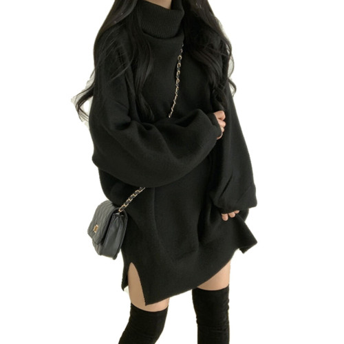 慵懶軟糯黑色高領針織衫毛衣女冬大碼胖mm寬松顯瘦中長款開叉上衣 慵懶軟糯黑色高領針織衫毛衣女冬大碼胖mm寬松顯瘦中長款開叉上衣