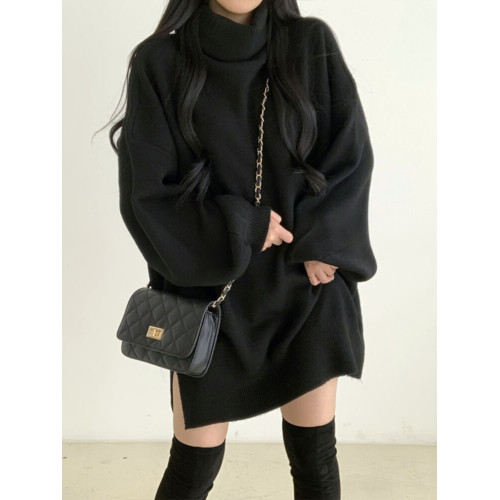 慵懶軟糯黑色高領針織衫毛衣女冬大碼胖mm寬松顯瘦中長款開叉上衣 慵懶軟糯黑色高領針織衫毛衣女冬大碼胖mm寬松顯瘦中長款開叉上衣