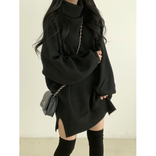 慵懶軟糯黑色高領針織衫毛衣女冬大碼胖mm寬松顯瘦中長款開叉上衣 慵懶軟糯黑色高領針織衫毛衣女冬大碼胖mm寬松顯瘦中長款開叉上衣