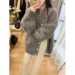 韓版2024秋冬新款仿水貂絨毛衣外套女中長款寬松加厚慵懶針織開衫