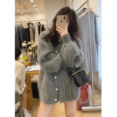 韓版2024秋冬新款仿水貂絨毛衣外套女中長款寬松加厚慵懶針織開衫 韓版2024秋冬新款仿水貂絨毛衣外套女中長款寬松加厚慵懶針織開衫