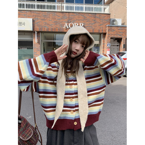 陸小團團復古休閒條紋毛衣女2025冬季新韓系氣質顯瘦chic新年上衣