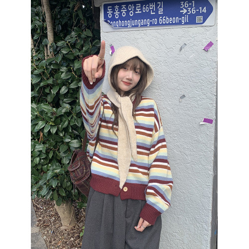 陸小團團復古休閒條紋毛衣女2025冬季新韓系氣質顯瘦chic新年上衣