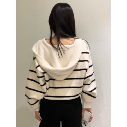 韓國chic秋季復古減齡寬松休閒大口袋抽繩長袖條紋連帽針織外套女