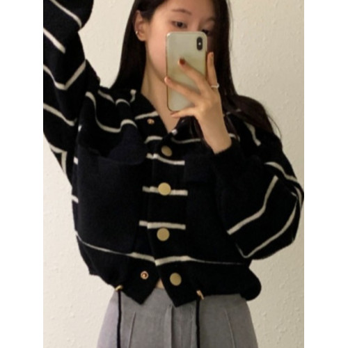 韓國chic秋季復古減齡寬松休閒大口袋抽繩長袖條紋連帽針織外套女 韓國chic秋季復古減齡寬松休閒大口袋抽繩長袖條紋連帽針織外套女