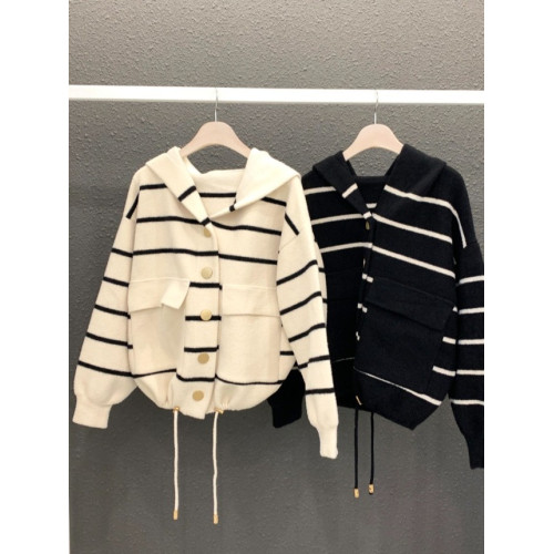 韓國chic秋季復古減齡寬松休閒大口袋抽繩長袖條紋連帽針織外套女 韓國chic秋季復古減齡寬松休閒大口袋抽繩長袖條紋連帽針織外套女