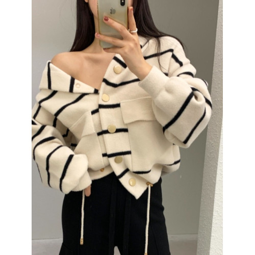 韓國chic秋季復古減齡寬松休閒大口袋抽繩長袖條紋連帽針織外套女 韓國chic秋季復古減齡寬松休閒大口袋抽繩長袖條紋連帽針織外套女