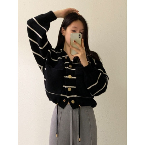 韓國chic秋季復古減齡寬松休閒大口袋抽繩長袖條紋連帽針織外套女 韓國chic秋季復古減齡寬松休閒大口袋抽繩長袖條紋連帽針織外套女