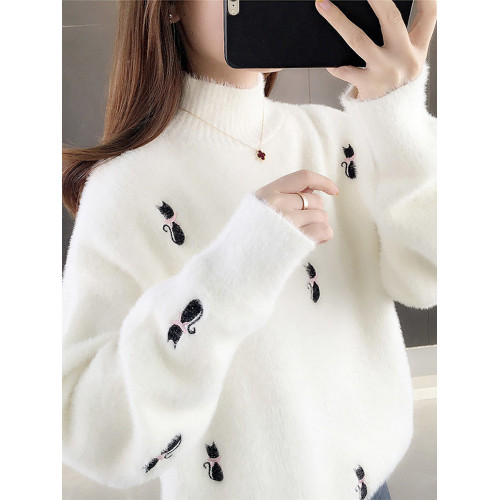 水貂絨毛衣女秋冬新款綉花針織打底衫長袖時尚女裝半高領上衣加厚 水貂絨毛衣女秋冬新款綉花針織打底衫長袖時尚女裝半高領上衣加厚