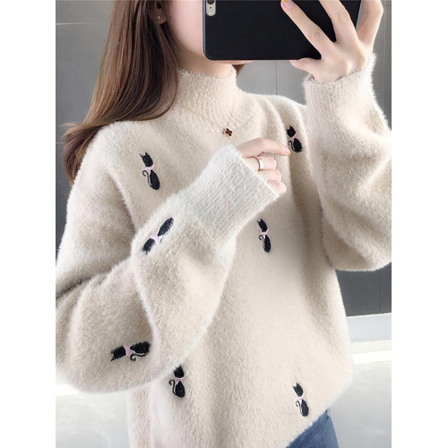 水貂絨毛衣女秋冬新款綉花針織打底衫長袖時尚女裝半高領上衣加厚 水貂絨毛衣女秋冬新款綉花針織打底衫長袖時尚女裝半高領上衣加厚