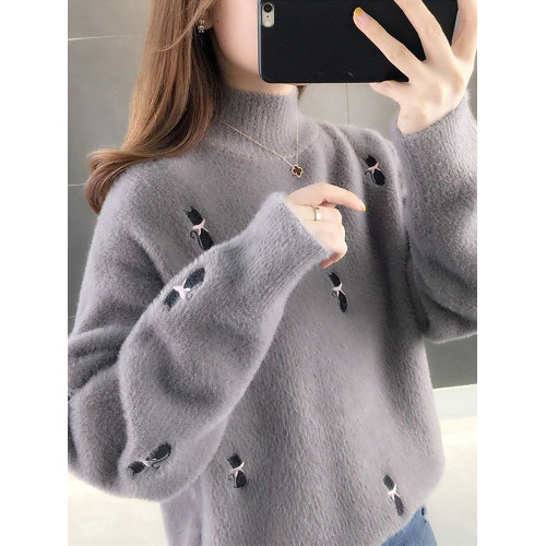 水貂絨毛衣女秋冬新款綉花針織打底衫長袖時尚女裝半高領上衣加厚 水貂絨毛衣女秋冬新款綉花針織打底衫長袖時尚女裝半高領上衣加厚