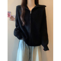 灰色軟糯翻領毛衣開衫外套女春秋新款大碼胖mm韓系寬松慵懶風上衣