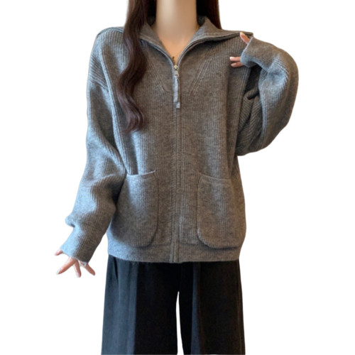 灰色軟糯翻領毛衣開衫外套女春秋新款大碼胖mm韓系寬松慵懶風上衣