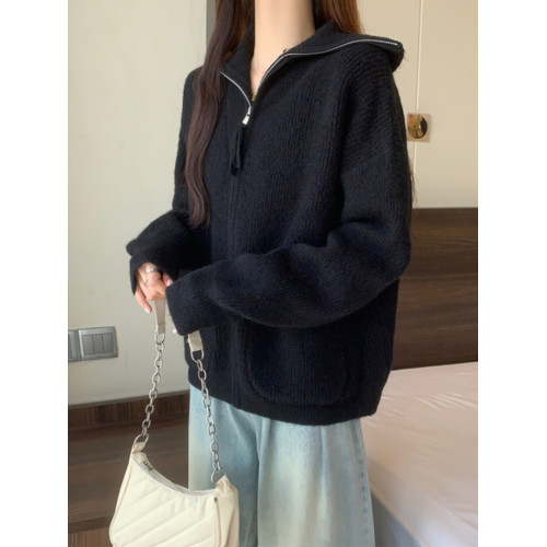 灰色軟糯翻領毛衣開衫外套女春秋新款大碼胖mm韓系寬松慵懶風上衣