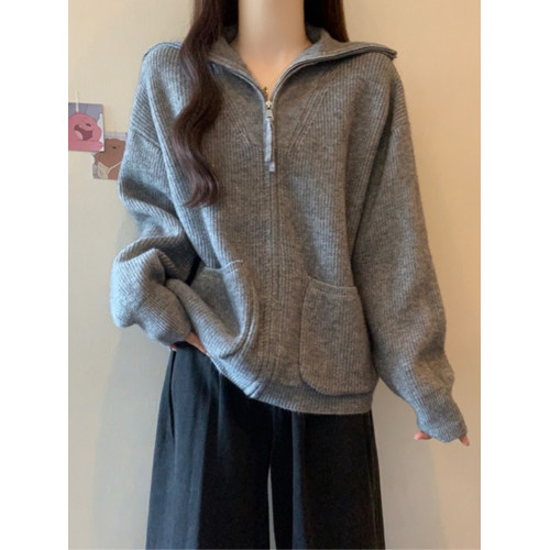 灰色軟糯翻領毛衣開衫外套女春秋新款大碼胖mm韓系寬松慵懶風上衣