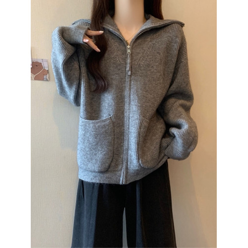 灰色軟糯翻領毛衣開衫外套女春秋新款大碼胖mm韓系寬松慵懶風上衣