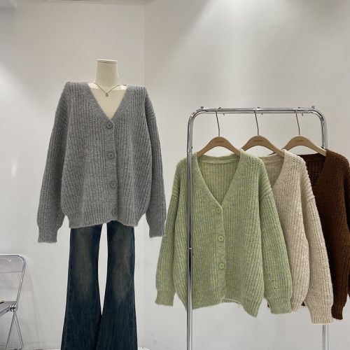 慵懶風針織開衫女秋冬2024年新款韓版寬松百搭V領長袖毛衣外套ins