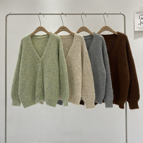 慵懶風針織開衫女秋冬2024年新款韓版寬松百搭V領長袖毛衣外套ins