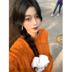 小衆設計感！顯白橘色絞花扭繩麻花毛衣女圓領套頭針織衫外穿加厚