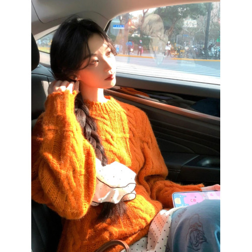 小衆設計感!顯白橘色絞花扭繩麻花毛衣女圓領套頭針織衫外穿加厚 小衆設計感!顯白橘色絞花扭繩麻花毛衣女圓領套頭針織衫外穿加厚