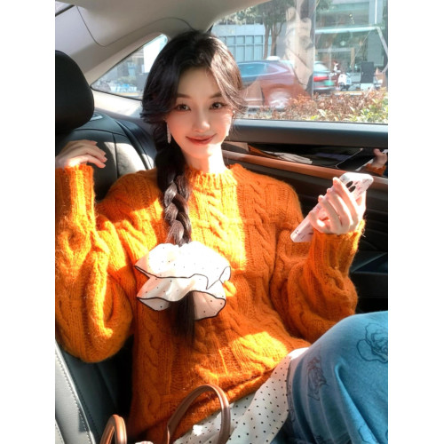 小衆設計感!顯白橘色絞花扭繩麻花毛衣女圓領套頭針織衫外穿加厚 小衆設計感!顯白橘色絞花扭繩麻花毛衣女圓領套頭針織衫外穿加厚