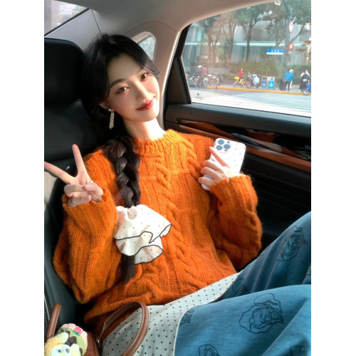 小衆設計感!顯白橘色絞花扭繩麻花毛衣女圓領套頭針織衫外穿加厚 小衆設計感!顯白橘色絞花扭繩麻花毛衣女圓領套頭針織衫外穿加厚