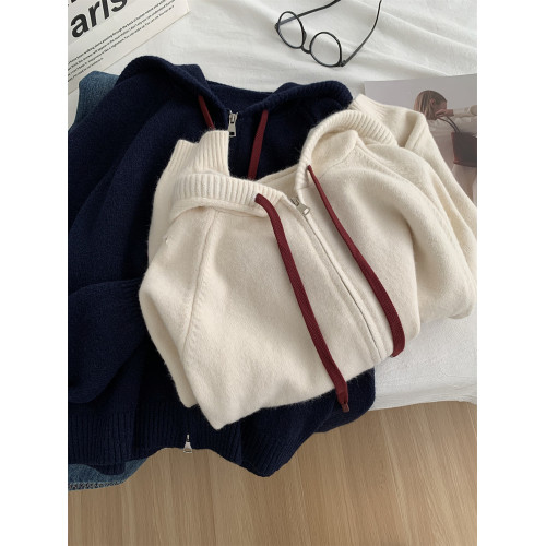 緊密厚實連帽抽繩毛衣外套女慵懶顯瘦保暖插肩袖針織拉鍊開衫秋冬