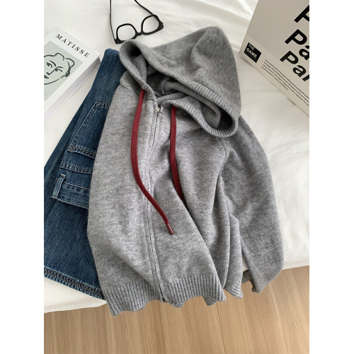 緊密厚實連帽抽繩毛衣外套女慵懶顯瘦保暖插肩袖針織拉鍊開衫秋冬