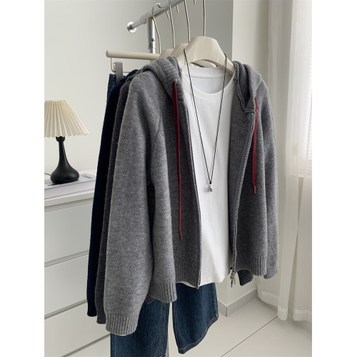 緊密厚實連帽抽繩毛衣外套女慵懶顯瘦保暖插肩袖針織拉鍊開衫秋冬