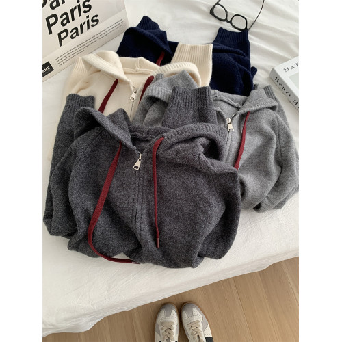 緊密厚實連帽抽繩毛衣外套女慵懶顯瘦保暖插肩袖針織拉鍊開衫秋冬