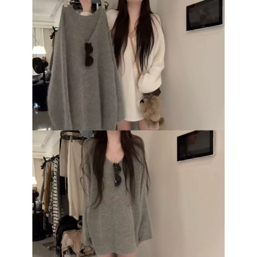 高級感v領灰色浣熊絨毛衣女秋冬慵懶風寬松外穿中長款針織衫上衣