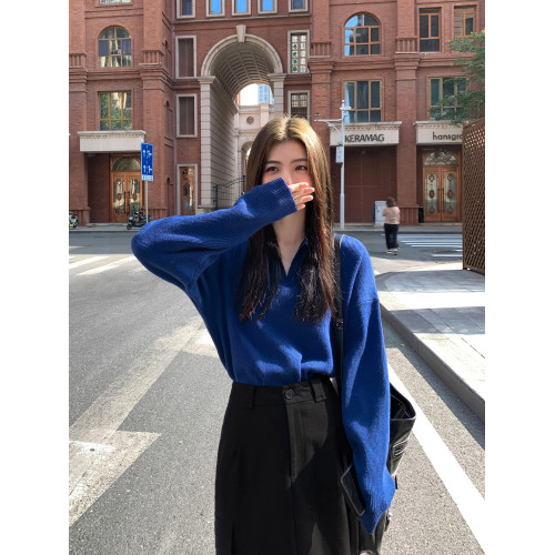 MULVAN 黑色v領polo毛衣女春秋新款韓版寬鬆慵嬾風套頭針織上衣