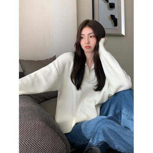 MULVAN 黑色v領polo毛衣女春秋新款韓版寬鬆慵嬾風套頭針織上衣