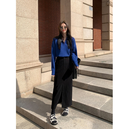 MULVAN 黑色v領polo毛衣女春秋新款韓版寬鬆慵嬾風套頭針織上衣