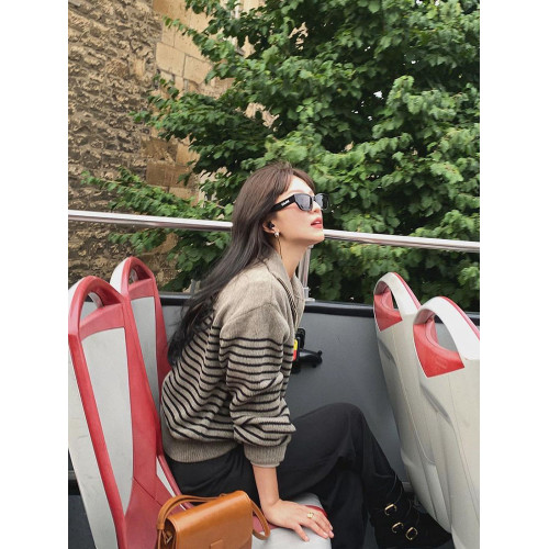 法式復古翻領半拉鍊條紋毛衣女秋冬軟糯慵懶氣質輕熟風針織衫上衣